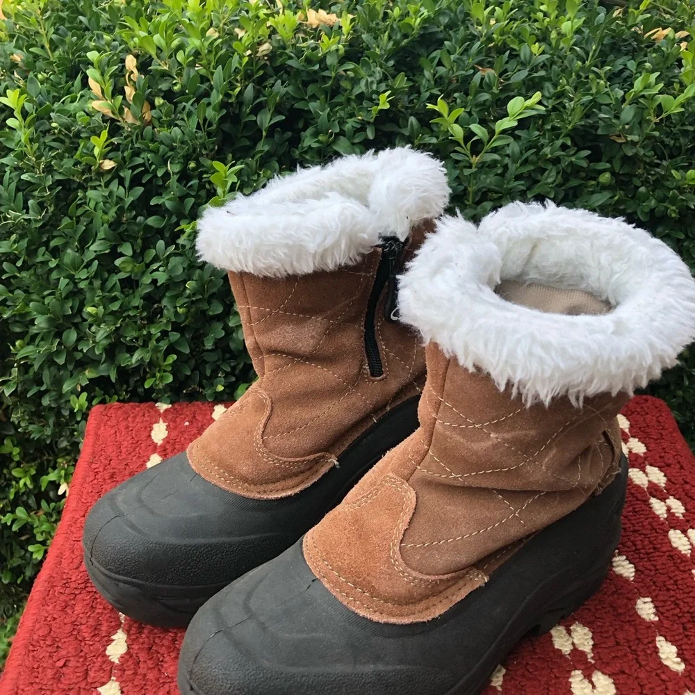 Champion THERMOLITE BROWN LEATHER SUEDE FAUX FUR ACCENT ZIPPER SNOW BOOTS SIZE 8
